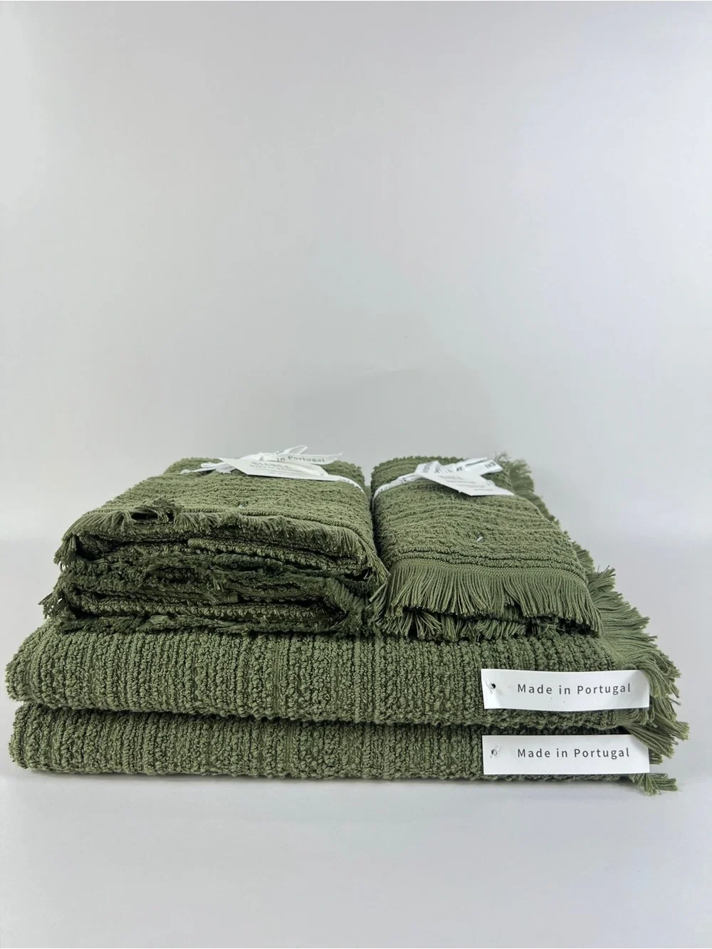 Bianca 6 Pc Bath Towel Set With Fringe 100% Cotton Olive Green Textured NEW